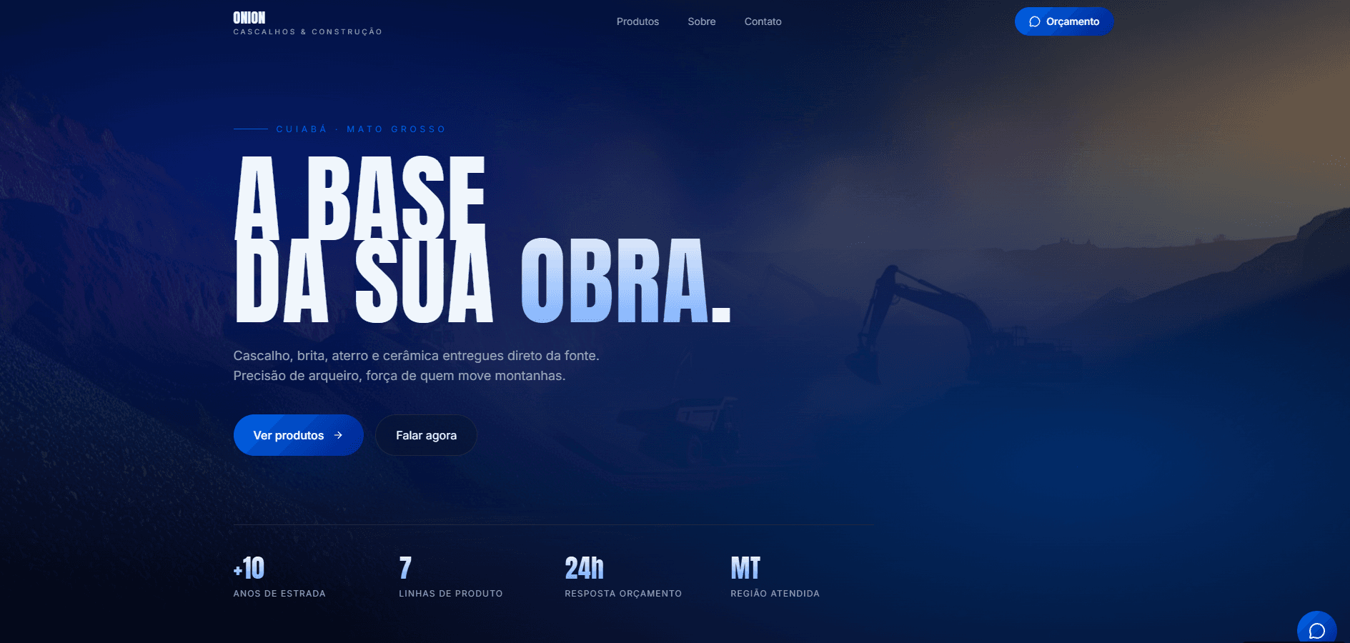Site da Onion Cascalhos e Construção desenvolvido pela Versel, com catálogo de produtos e orçamento