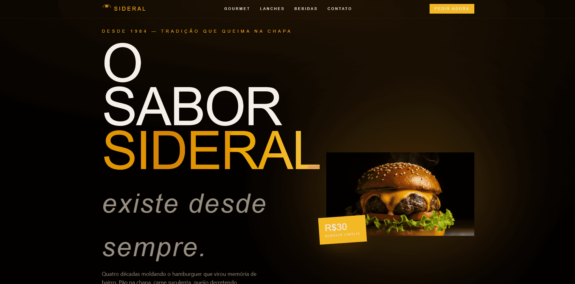 Site da hamburgueria Sideral desenvolvido pela Versel, com cardápio e pedido online